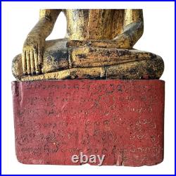 Antique Thai Gold Gilt Wood Carved Seated Buddha Statue on Red Base