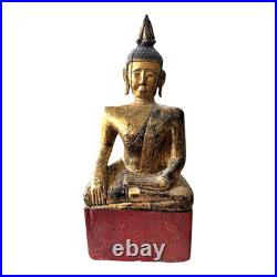 Antique Thai Gold Gilt Wood Carved Seated Buddha Statue on Red Base