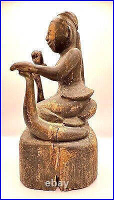Antique Thailand Snake Charmer Burmese 18th C. Hand Carved Wood Sculpture