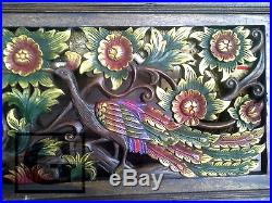 Antique Twin Peacock Wood Carved Home Wall Panel Mural Decor Art Statue FS gtahy