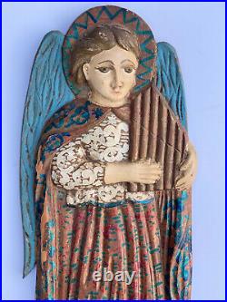 Antique VTG Religious Carved Wood Santo Saint Angel Harp Musician Folk Painting