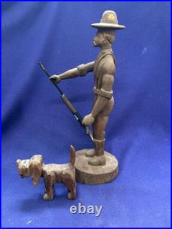 Antique Vintage American Adirondack Folkart Wooden Carving Hunting Man Hound Dog