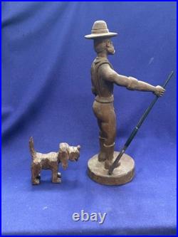 Antique Vintage American Adirondack Folkart Wooden Carving Hunting Man Hound Dog