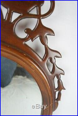 Antique Wood Carved Oval Chippendale Mirror Flower Basket Figural Carving
