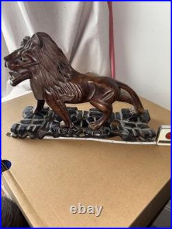 Antique Wood Carving Exquisite Lion Statue Wooden Figurines Art