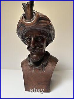 Antique Wood Carving Sculpture Man With Turban Vintage Statue 17 By 9 Inches Old