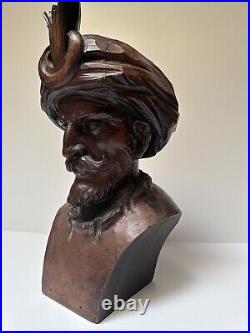 Antique Wood Carving Sculpture Man With Turban Vintage Statue 17 By 9 Inches Old