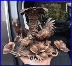 Antique black forest wood carving sculpture fox hunt chickens statue