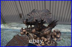 Antique black forest wood carving sculpture fox hunt chickens statue