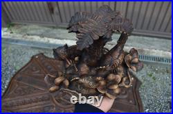 Antique black forest wood carving sculpture fox hunt chickens statue