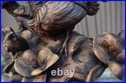 Antique black forest wood carving sculpture fox hunt chickens statue