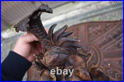 Antique black forest wood carving sculpture fox hunt chickens statue