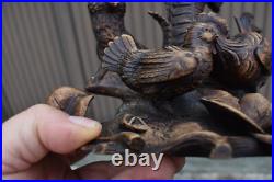Antique black forest wood carving sculpture fox hunt chickens statue