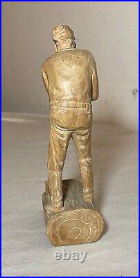 Antique hand carved wood Folk Art lumberjack man cutting wood sculpture statue