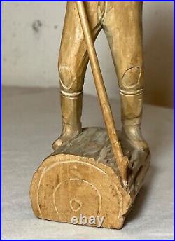 Antique hand carved wood Folk Art lumberjack man cutting wood sculpture statue