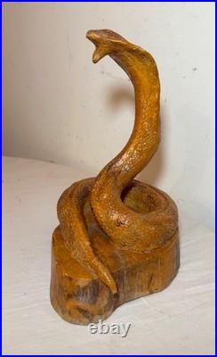 Antique hand carved wood glass eyes Folk Art snake cobra sculpture statue figure