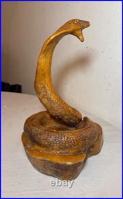 Antique hand carved wood glass eyes Folk Art snake cobra sculpture statue figure