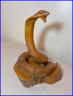Antique hand carved wood glass eyes Folk Art snake cobra sculpture statue figure