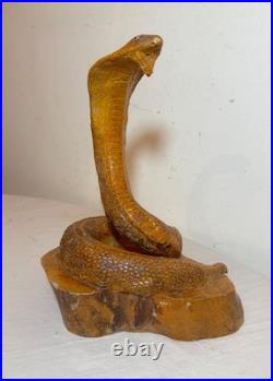 Antique hand carved wood glass eyes Folk Art snake cobra sculpture statue figure