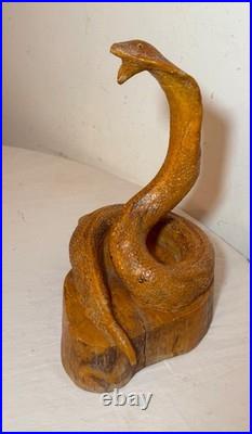 Antique hand carved wood glass eyes Folk Art snake cobra sculpture statue figure