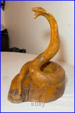 Antique hand carved wood glass eyes Folk Art snake cobra sculpture statue figure