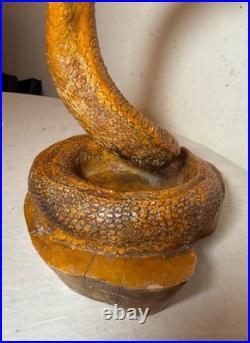 Antique hand carved wood glass eyes Folk Art snake cobra sculpture statue figure
