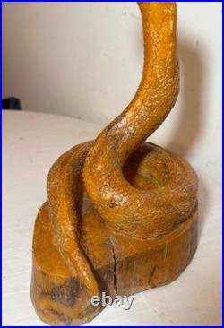 Antique hand carved wood glass eyes Folk Art snake cobra sculpture statue figure