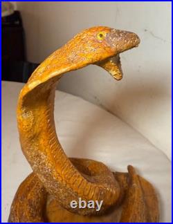 Antique hand carved wood glass eyes Folk Art snake cobra sculpture statue figure
