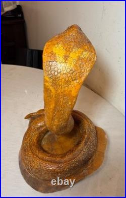 Antique hand carved wood glass eyes Folk Art snake cobra sculpture statue figure