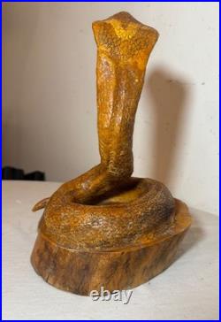 Antique hand carved wood glass eyes Folk Art snake cobra sculpture statue figure