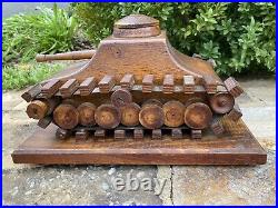 Antique hand made carved Folk Art wood military Tank Perpetual Calendar