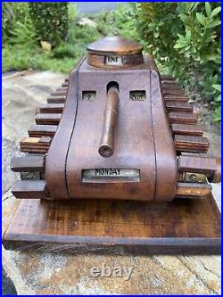 Antique hand made carved Folk Art wood military Tank Perpetual Calendar