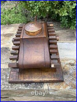 Antique hand made carved Folk Art wood military Tank Perpetual Calendar