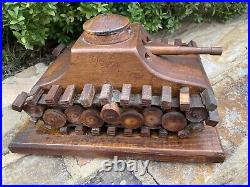 Antique hand made carved Folk Art wood military Tank Perpetual Calendar