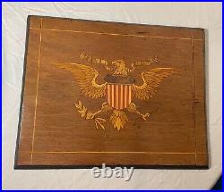 Antique handmade carved marquetry wood American eagle emblem wall art veneer