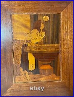 Antique inlaid marquetry girl at the fountain scene wood wall sculpture art