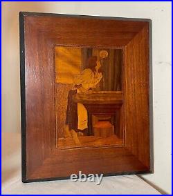 Antique inlaid marquetry girl at the fountain scene wood wall sculpture art