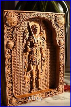 Archangel Michael Wood Carved Christian Icon Religious Wall Hanging Art Work