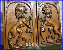 Architectural salvage Solid pair antique french Scroll lion wood carving panel