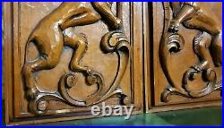 Architectural salvage Solid pair antique french Scroll lion wood carving panel