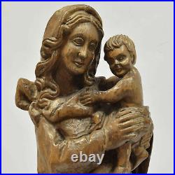 Around 1900 old sculpture Madonna and child, carved wood, height 25,6 in