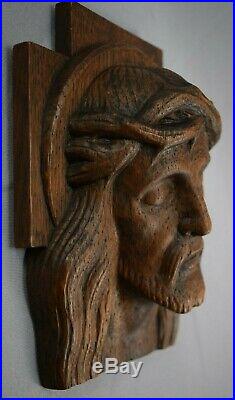 Art Deco Carved Wood Holy Face of Jesus Sculpture Carving Wall Panel by E Morlet