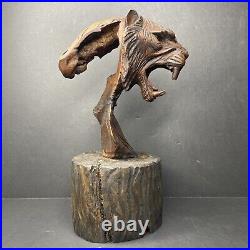 Art Deco Tiger Bust Solid Wood Carving Hand Carved H. H. Signed Sculpture