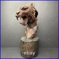 Art Deco Tiger Bust Solid Wood Carving Hand Carved H. H. Signed Sculpture