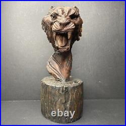 Art Deco Tiger Bust Solid Wood Carving Hand Carved H. H. Signed Sculpture