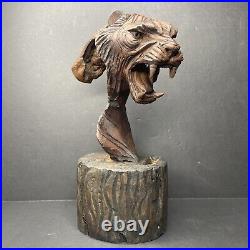 Art Deco Tiger Bust Solid Wood Carving Hand Carved H. H. Signed Sculpture