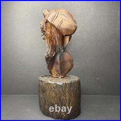 Art Deco Tiger Bust Solid Wood Carving Hand Carved H. H. Signed Sculpture