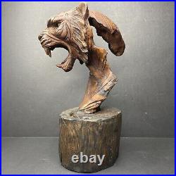 Art Deco Tiger Bust Solid Wood Carving Hand Carved H. H. Signed Sculpture