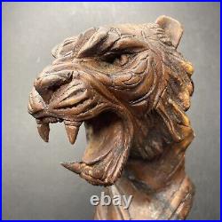 Art Deco Tiger Bust Solid Wood Carving Hand Carved H. H. Signed Sculpture