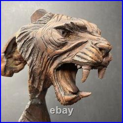 Art Deco Tiger Bust Solid Wood Carving Hand Carved H. H. Signed Sculpture